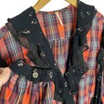 Free People Women’s Red Plaid Ruffle Front Mixed Media Boho Top small Photo 3