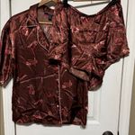 Luxurious Brown Cowboy Cowgirl Satin Pajama Short Shirt Set Women Size Medium Red Photo 0