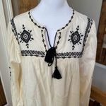 Old Navy Embroidered Cream Black Blouse boho flowy ivory tassels cotton nwt Photo 1