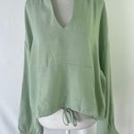 Lumière New V-Neck Hooded Top Drawstring Hem Woven Hoodie Sage Photo 1