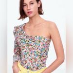 ZARA Floral Print Puff One Shoulder Ruching Sleeve Cotton Top Shirt Size XS Photo 4