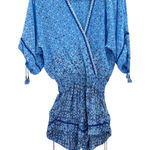 Poupette St Barth Romper Smocked Dolman Sleeve Tasseled Geometric Print‎ Blue XS Photo 0