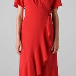 Whistles Abigail Frill Wrap Dress Size 2 Red Ruffles Back Cutout Midi New Photo 0