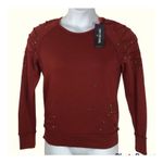 True Religion  NWT Ox Blood Distressed Studded Boyfriend Sweatshirt XS Photo 2