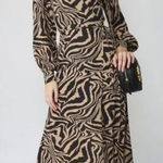 Ganni Tiger Print Wrap Long-Sleeve Maxi Dress Size EU 34 Black & Brown Photo 0