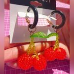 Nine West  red cherry 🍒 green leaves black loops drops beads earrings Photo 3