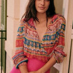 Sézane Sezane x Chufy pink orange semi sheer metallic printed draped Abelia wrap blouse Photo 0