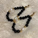14K Gold & Black Onyx Beaded Freshwater Pearl Teardrop Dangle Earrings EUC 1.5in Photo 2