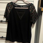 Miss Me  Black Top with Patterned Sleeves Photo 0