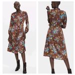 ZARA  Brown 70s Vintage Floral Satin Tie Neck Aline Long Sleeve Midi Dress Small Photo 1