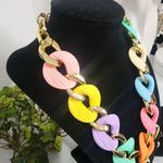 Chunky Pastel Multi Color Acrylic Chain Necklace Earrings Set New Gold Photo 2