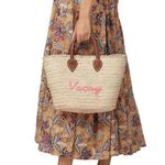 POOLSIDE Woven Straw Open Tote Pink “VACAY” Text Leather Handle Tote Purse Photo 1