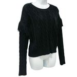 T Tahari Black Fringe Cable Knit Round Neck Sweater Size S Ribbed Cuffs Hem Photo 4