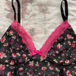 Floral black sheer pink lace trim spaghetti straps crop top, size S bohemian Photo 6