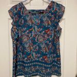 Loft Teal Blue Paisley Print Scoop Neck Flutter Short Sleeve Blouse Photo 6