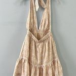 NWT Mon Renn Havana Crochet Print Tan Linen Halter Mini Dress White Size M Photo 1