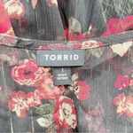 Torrid  Babydoll Chiffon Lurex Crochet Lace-Up Sheer Blouse, Black Red Floral, 1X Photo 3