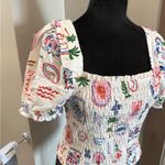 NWT Monteau Smocked Square Neck Puff Sleeve Crop Top Tropical Print Hawaiian‎ XL White Photo 1
