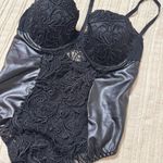 Dreamgirl  Black Pleather and Embroidered Mesh Bodysuit Photo 1