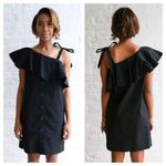 Sea NY Black Ruffle Off Shoulder Mini Dress Small Button Loose Linen Shirtdress Photo 1