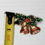 Enamel Holly Double Bells Bow Vtg Unsigned Gold Tone Brooch Pin 1" Photo 2