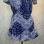 Tularosa  Romper‎ V-neck Short Sleeve Blue Bandana Print Ruffle Size Small Photo 4