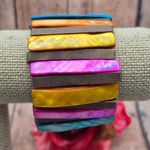 None Bohemian Wood Bar & Dyed Abalone Shell Colorful Wide Stretch Bracelet Beach Photo 5