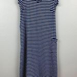 Toad & Co Muse Dress S Midi Stripe Navy Blue White Scrunch Ruche Tie Side V-Neck Photo 1