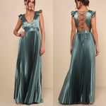 Lulus  Exceptional Drama Sage Green Satin Lace-Up Pleated Maxi Dress Photo 8