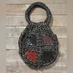 Leather Double big Woven 60s Vintage boho rustic handbag tote Black Photo 0