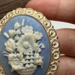Western Germany Blue Floral Arrangement Cameo Brooch Pin Gold Tone Vintage Photo 5