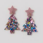 Multicolor Glitter Christmas Tree Earrings – Holiday Statement Jewelry Pink Photo 1