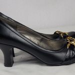 Candie's  Black Faux Leather Chunky Kitten Heels Pump With Gold Chain Bow Sz 8 M Photo 0