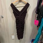 Stunnnig Y2K Tadashi Collection silk ruched chocolate brown deep v bodycon dress Size M Photo 6