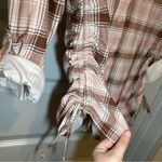 No Comment  Pink/Brown Plaid 3/4 Roll Tab Sleeve Button Up 1X Photo 8