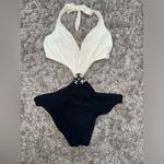 Badgley Mischka  Halter Black White Embelished Swimsuit Miami Swim‎ Week EUC Sz 4 Photo 2