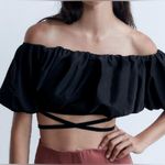 ZARA Off-the-Shoulder Puff Sleeve Criss Cross Self Tie Crop Top in Black Medium Photo 0