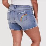 Torrid Midi Jean Short Distressed Denim Embroidered Rainbow Pride Blue 16 Photo 2