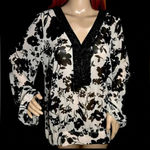 Nicole Miller Black White Floral Top Size 12 L/XL Sheer Blouse Long Sleeve Top Photo 2