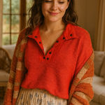 Urban Outfitters Textured Quarter Henley Sweater Small Red Cropped Cozy Holiday Photo 0