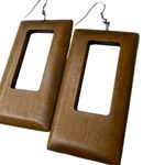 Handmade Rectangular Wooden Dangle Earrings With Cutout Design u Brown Photo 1