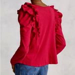 Anthropologie  Red Pink Ruffled V-Neck Ruffle Down Shirt Blouse Medium Photo 1