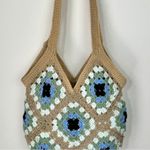 Handmade Crochet Granny Square Shoulder Tote Bag Green Tan Black Photo 2