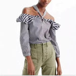 J.Crew  Blue White Striped Off the Shoulder Ruffle Halter Top Blouse Size 2 XS Photo 2