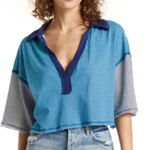 Free People  We‎ The Free Blue Striped On A Boat Crop Polo Top Photo 0