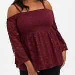 Torrid NEW Babydoll Lace Smocked Cold Shoulder Top Size 1X Wine Dark Romantic Photo 0