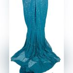 Badgley Mischka  Teal Silk Sequin Evening Gown Size 14 Draped Cape Formal Photo 3