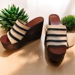 Joie  Black Ivory Black Woven Stripe Braided Leather Platform Wood Wedges 10 - 40 Photo 1