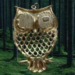 Vintage Signed JJ Google Eye Owl Pendant Gold Tone Googly 3" tall Photo 2