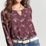 Forever 21 Long sleeve burgundy floral antique brass keyhole top size small Photo 0